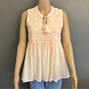 Vintage Boho Floral Festival  Beige Casual Sleeveless Top with tassel.